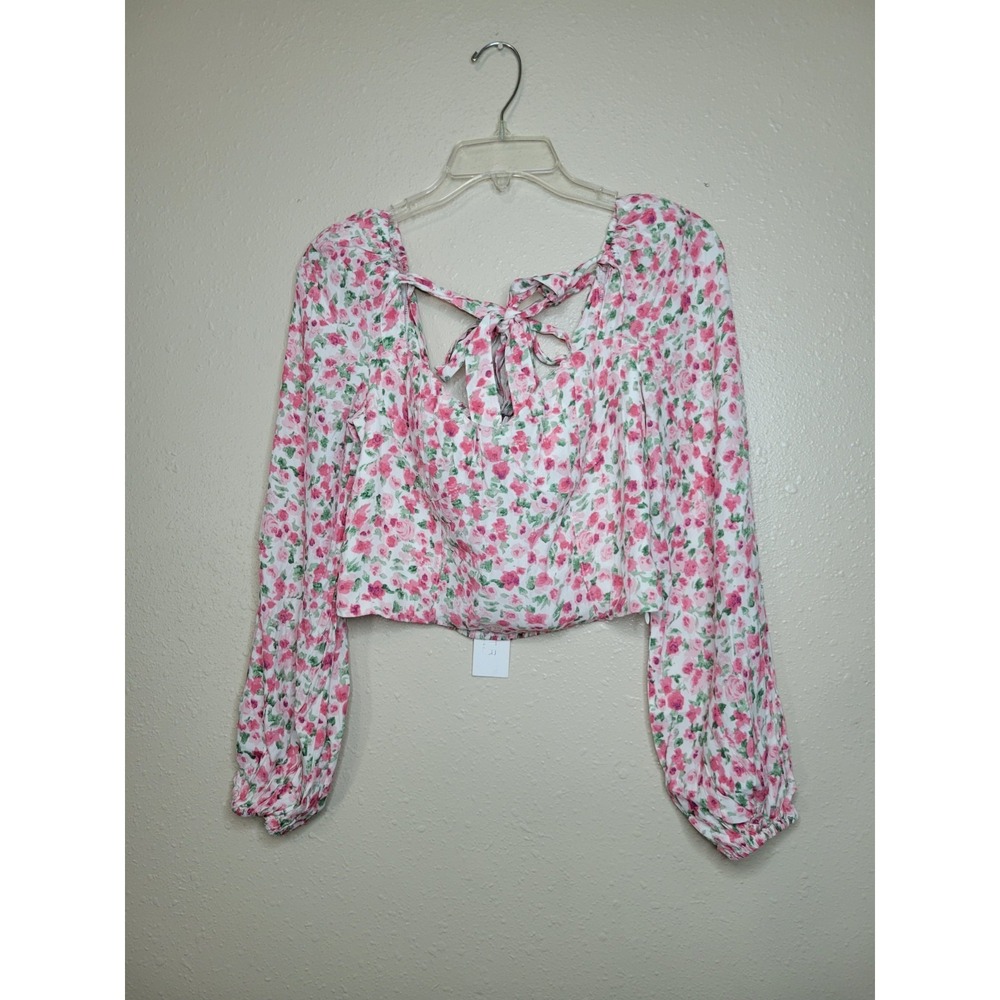 NWT ASTR The Label Pink Floral Tie Shoulder Long Sleeve Crop Top Romantic Sz M